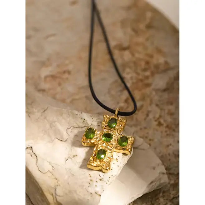 Green Diamond Cross Pendant Necklace