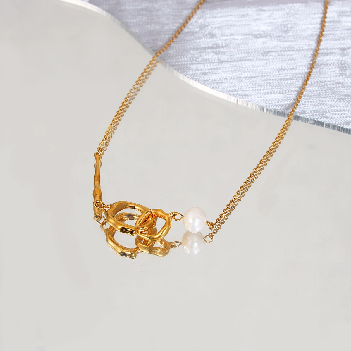 Freshwater Pearl Liquid Shape Double Ring Necklace