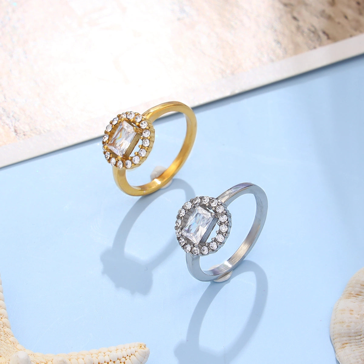 Rectangular White Zircon Halo Ring