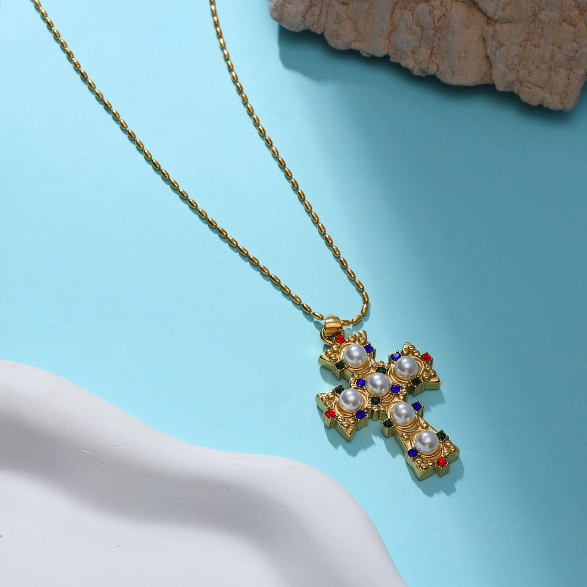 Cross Pearl Gemstone Pendant Necklace