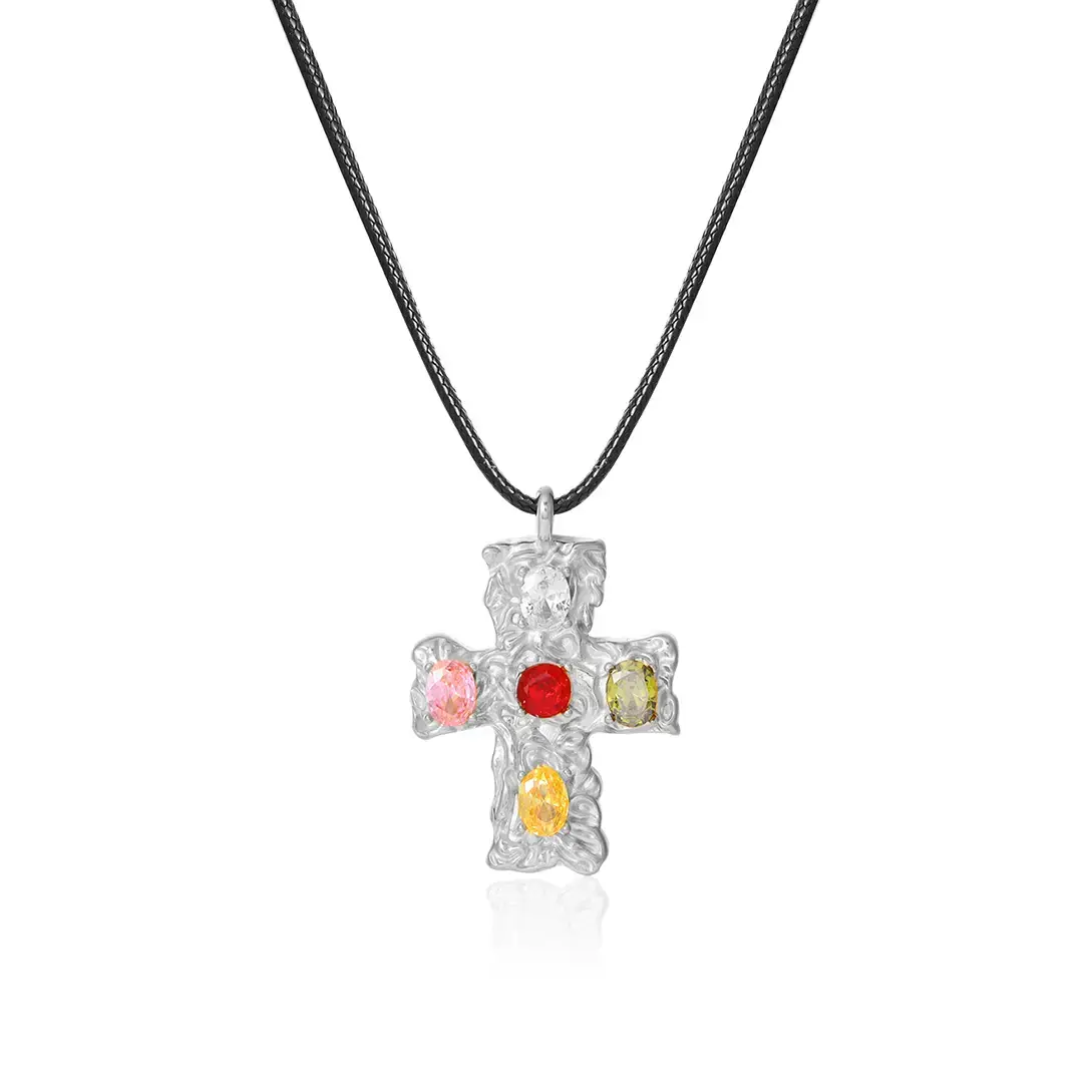 Color Stone Cross Pendant Necklace