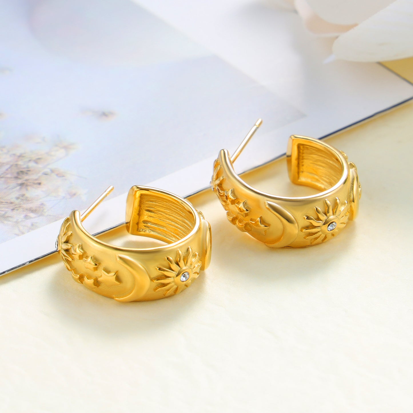 Sun & Moon Gold Hoop Stud Earrings