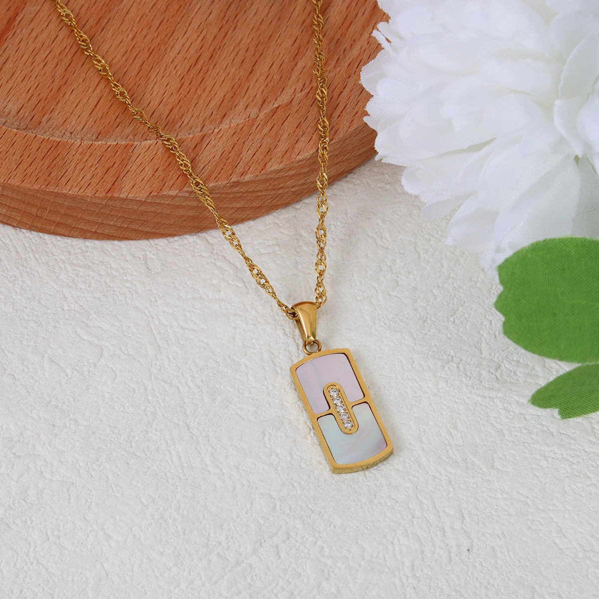 Natural Shell Zircon Rectangular Pendant Necklace