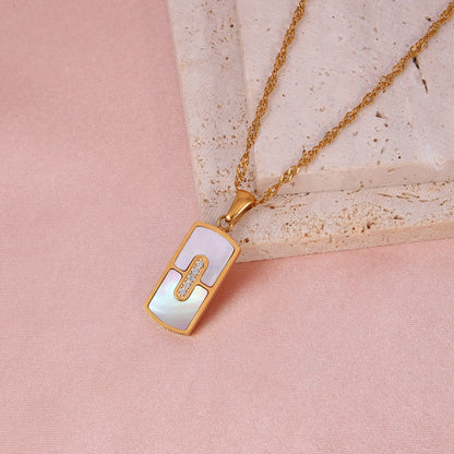 Natural Shell Zircon Rectangular Pendant Necklace