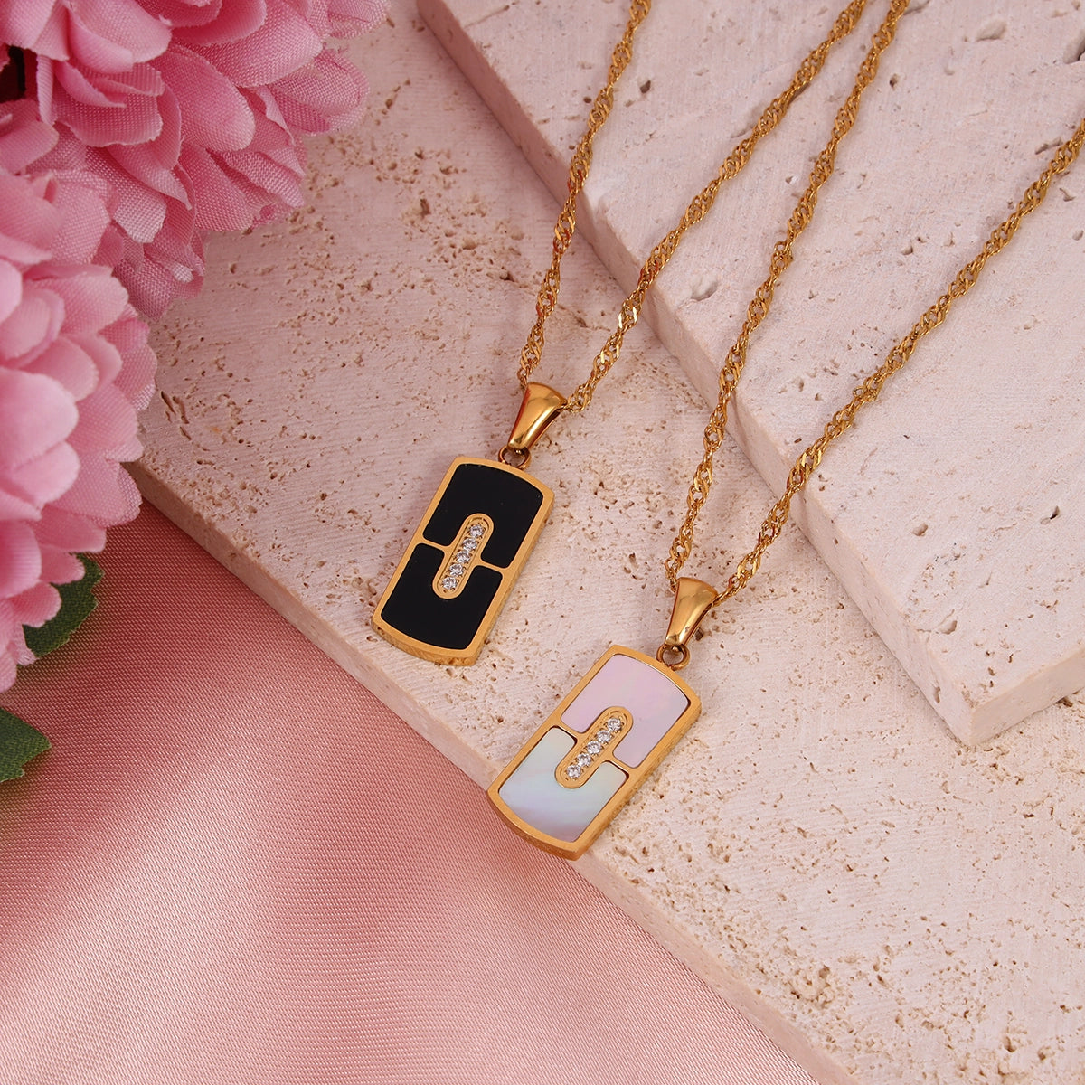 Natural Shell Zircon Rectangular Pendant Necklace