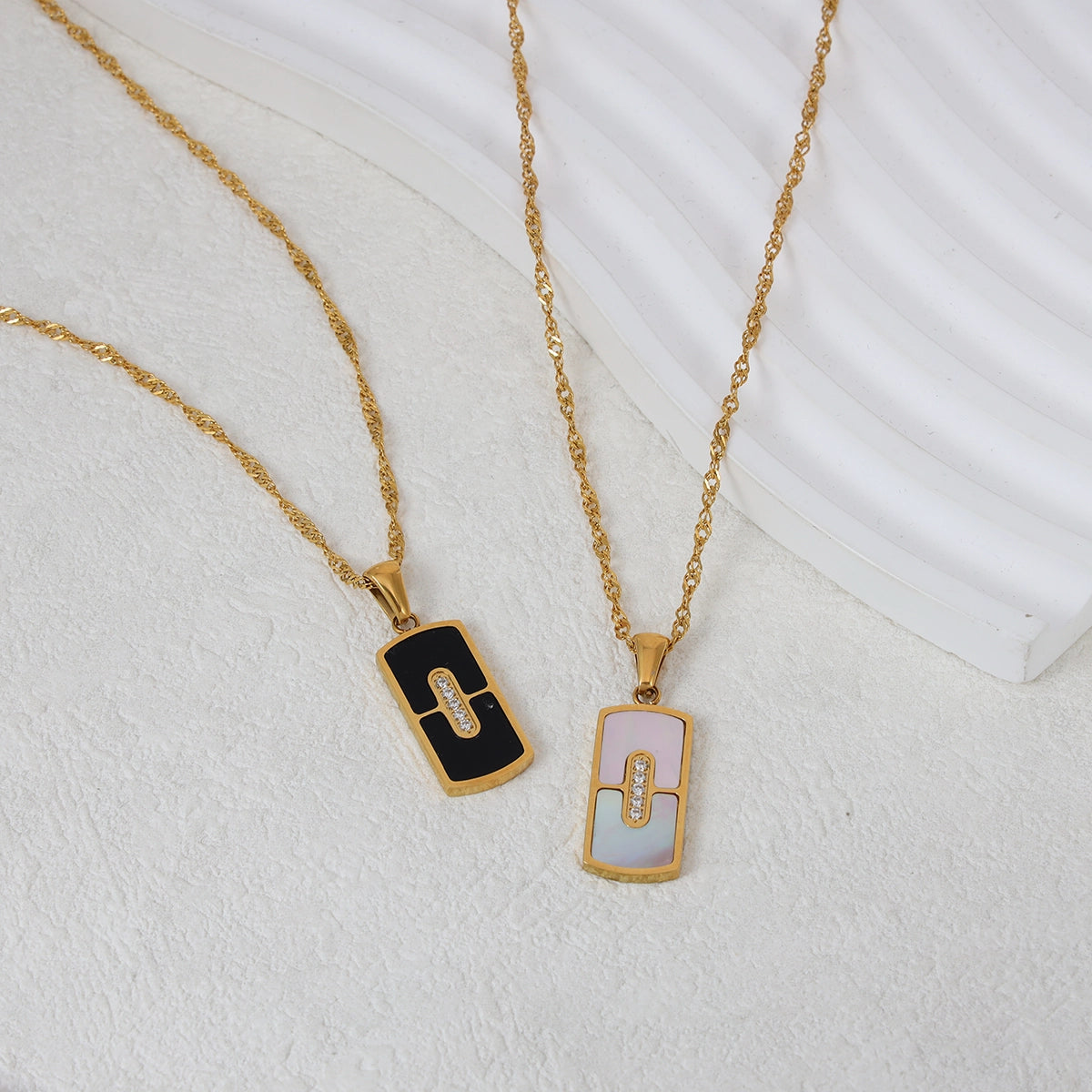 Natural Shell Zircon Rectangular Pendant Necklace