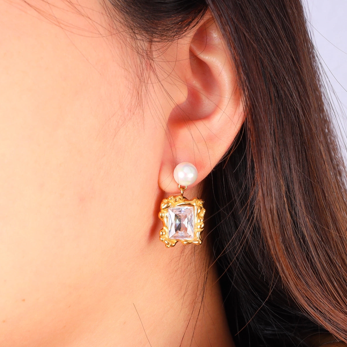 Pearl Drop Square Zirconia Earrings