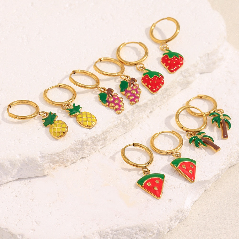 Enamel Palm Tree Pendant Hoop Earrings