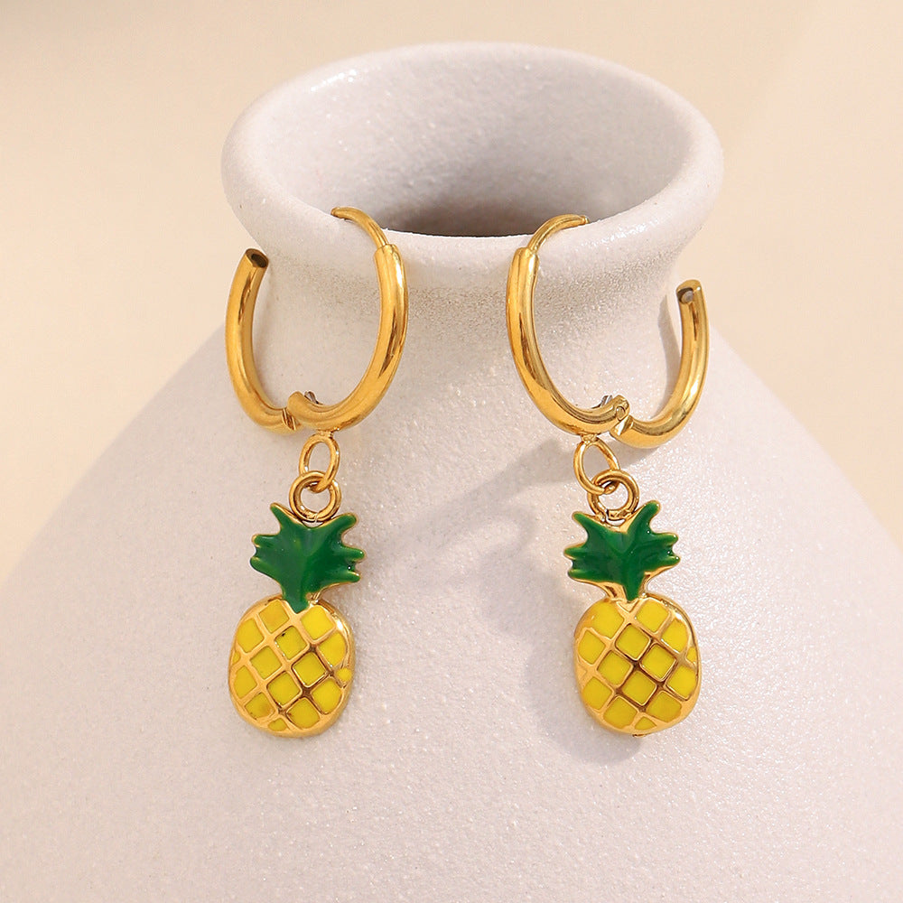 Enamel Pineapple Pendant Hoop Earrings