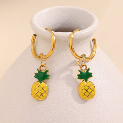 Enamel Pineapple Pendant Hoop Earrings