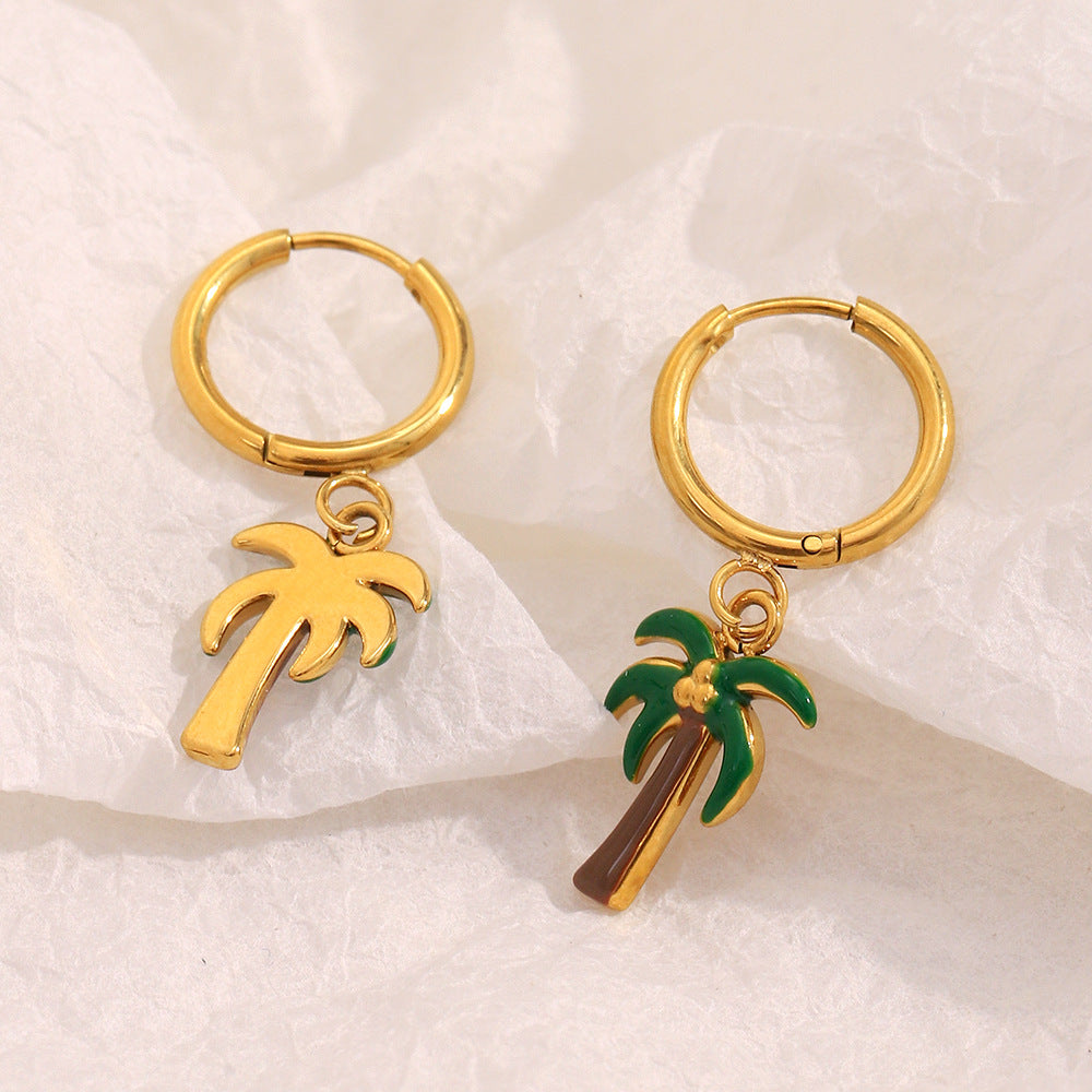 Enamel Palm Tree Pendant Hoop Earrings