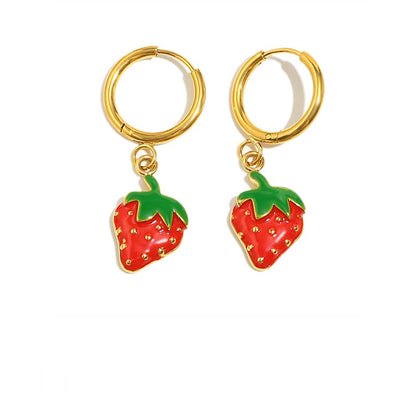 Enamel Strawberry Pendant Hoop Earrings