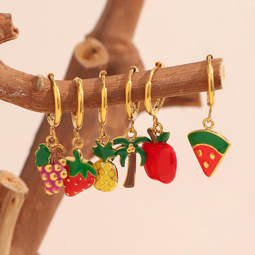 Enamel Palm Tree Pendant Hoop Earrings