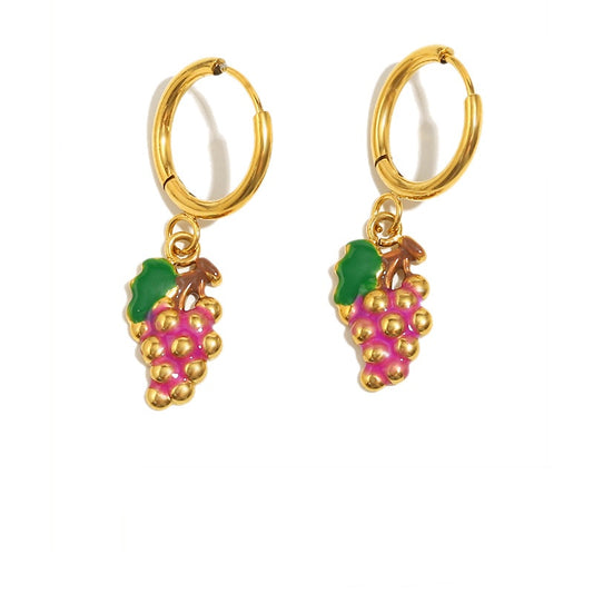 Enamel Grape Pendant Hoop Earrings