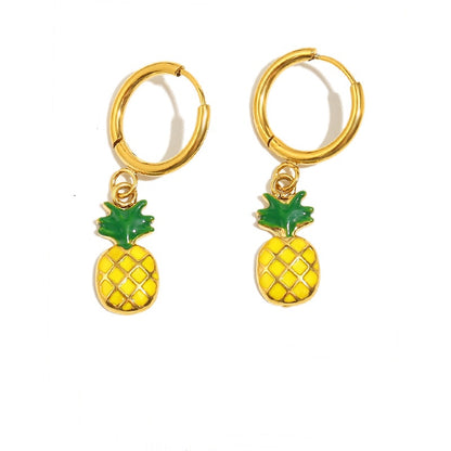 Enamel Pineapple Pendant Hoop Earrings