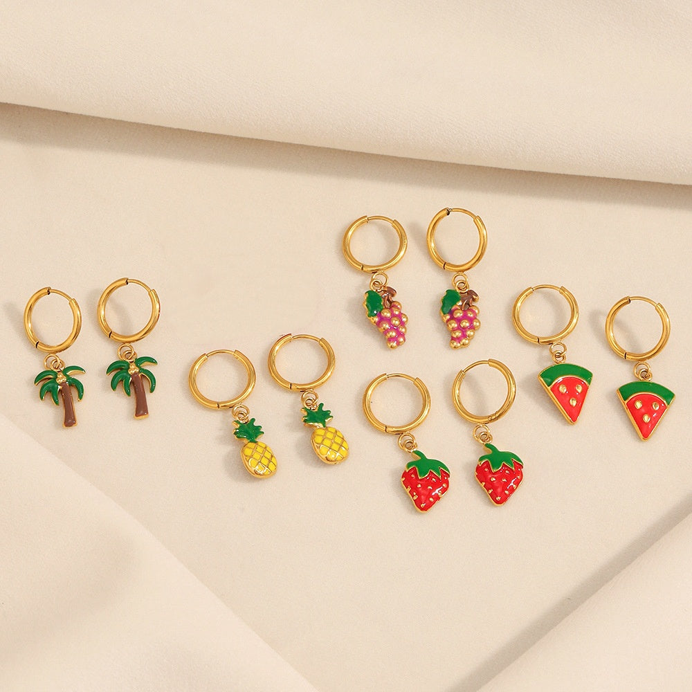 Enamel Grape Pendant Hoop Earrings