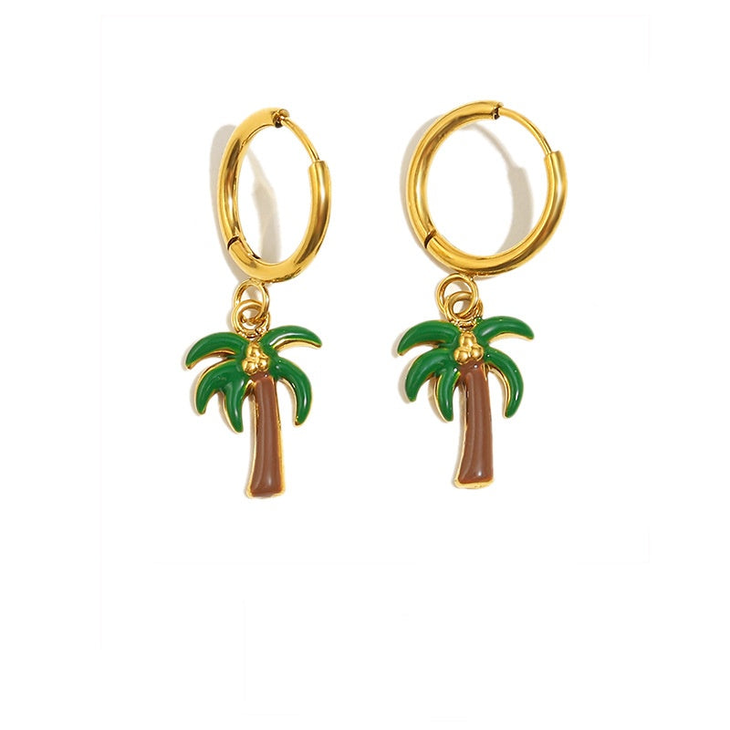 Enamel Palm Tree Pendant Hoop Earrings