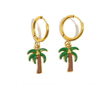 Enamel Palm Tree Pendant Hoop Earrings