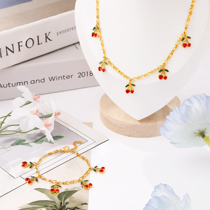 Red Zircon Cherry Charm Oval Chain Bracelet