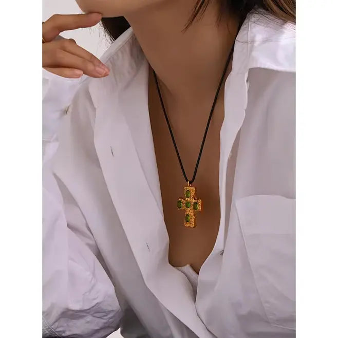 Green Diamond Cross Pendant Necklace
