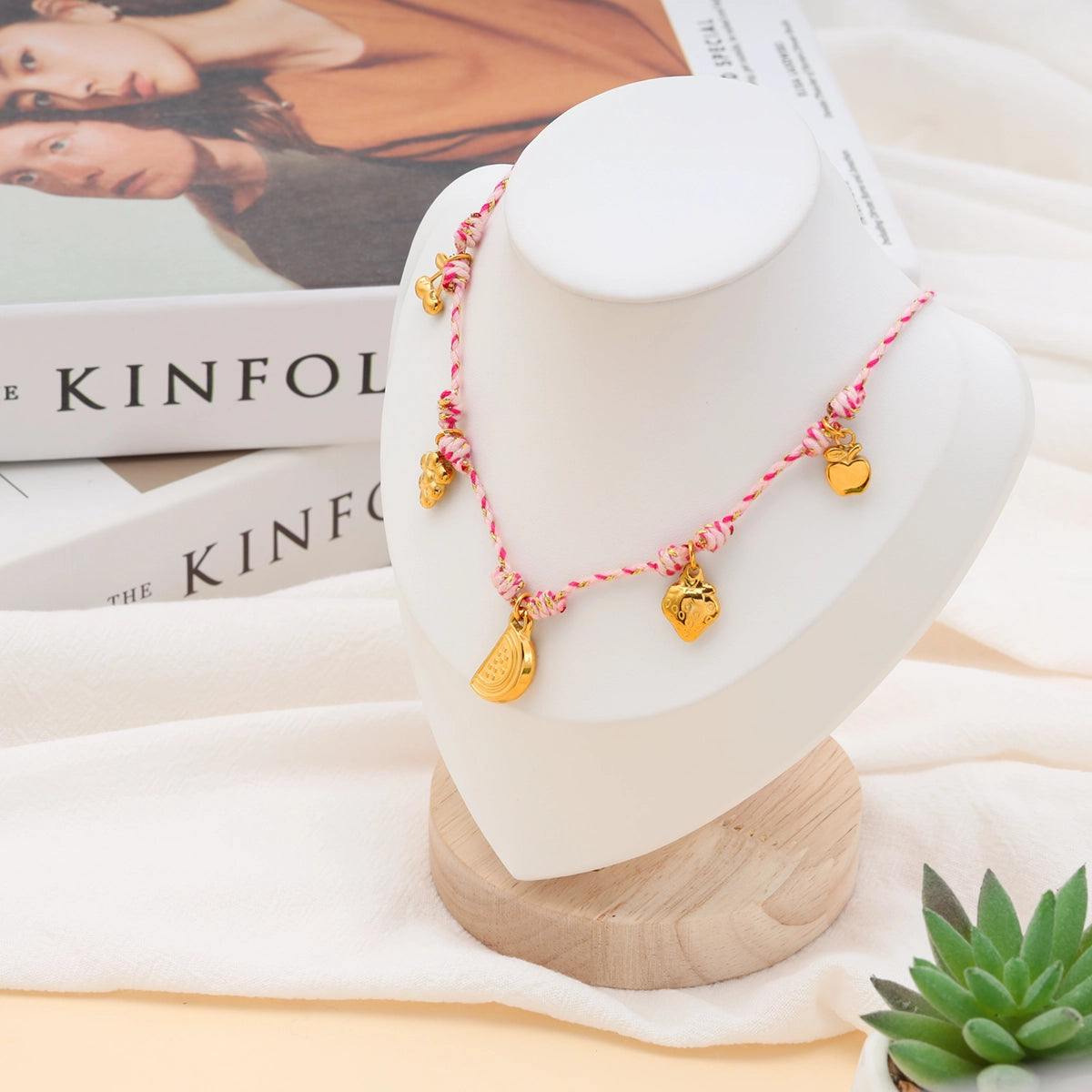 Watermelon Fruit Colored Rope Pendant Necklace