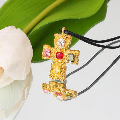 Color Stone Cross Pendant Necklace