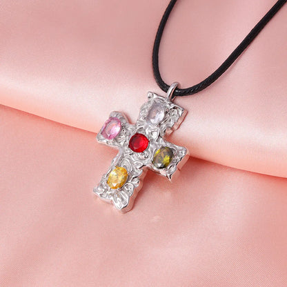 Color Stone Cross Pendant Necklace