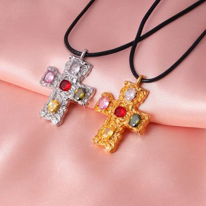 Color Stone Cross Pendant Necklace