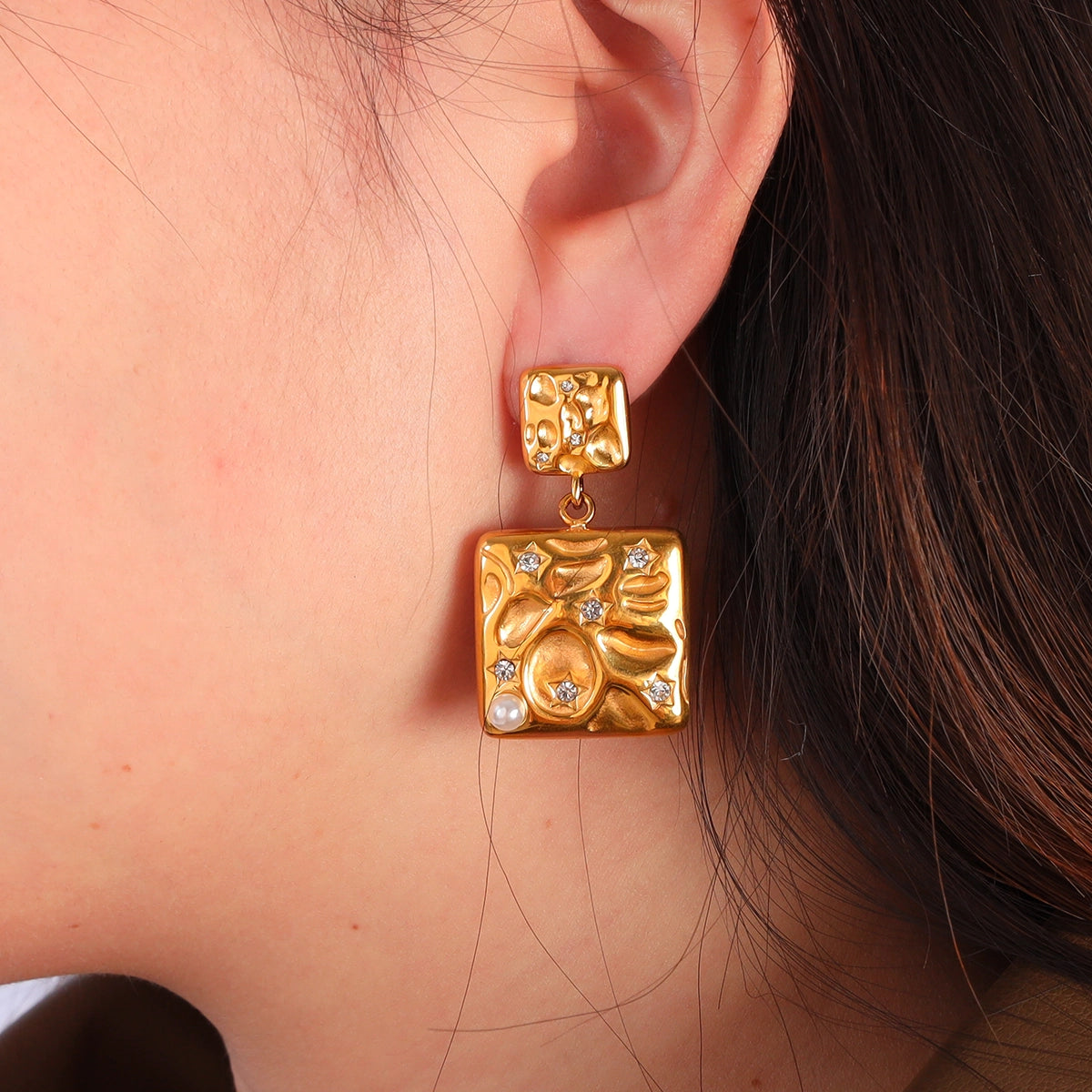 Textured Square Zircon Drop Earrings