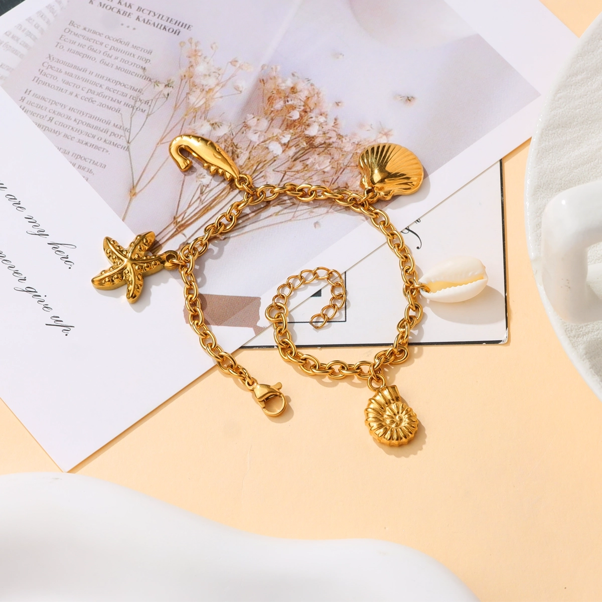 Ocean Shell Shrimp and Conch Charm Bracelet