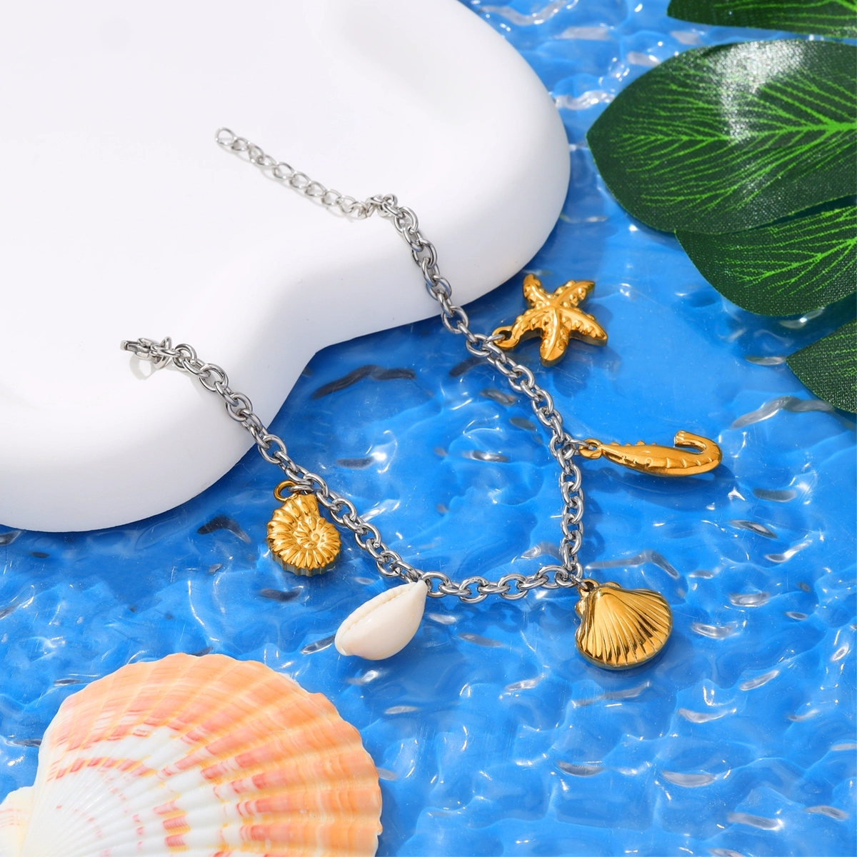 Ocean Shell Shrimp and Conch Charm Bracelet