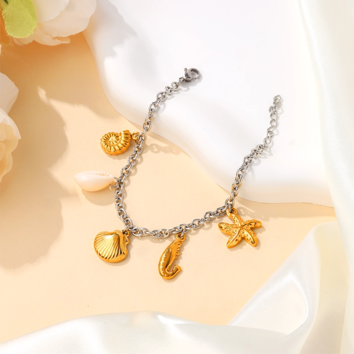 Ocean Shell Shrimp and Conch Charm Bracelet