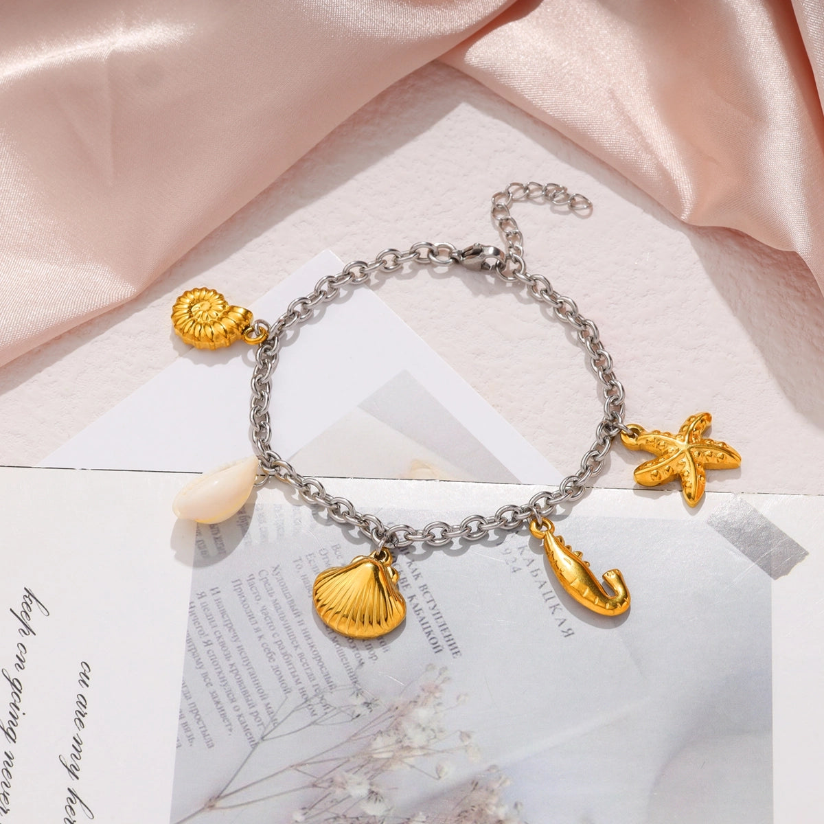 Ocean Shell Shrimp and Conch Charm Bracelet