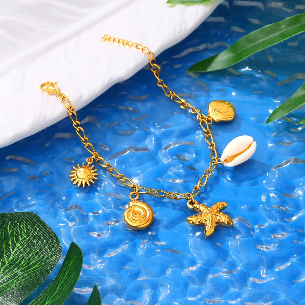 Ocean Sun Shell and Starfish Charm Bracelet