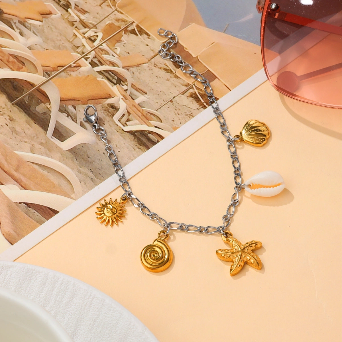 Ocean Sun Shell and Starfish Charm Bracelet
