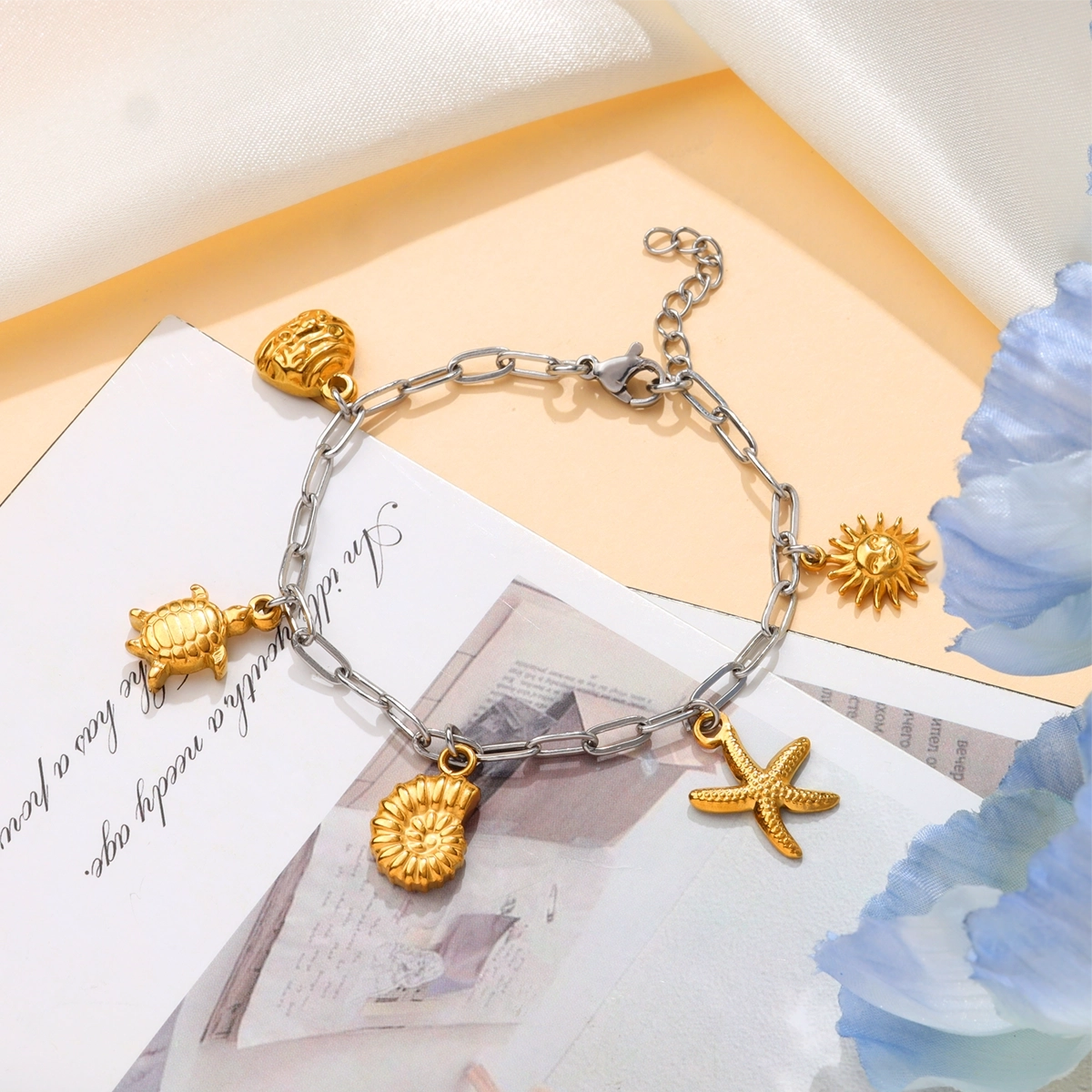 Turtle, Sun and Starfish Charm Bracelet