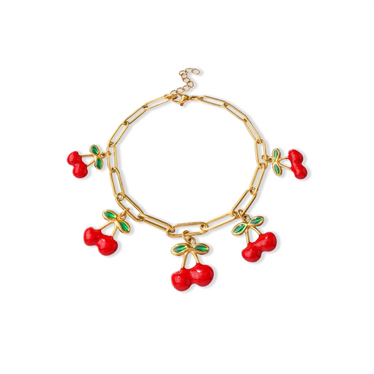 Red Cherry Charm Oval Chain Bracelet