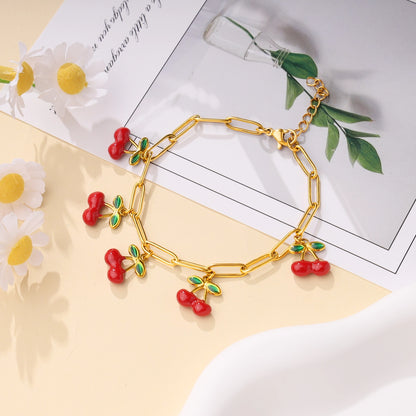 Red Cherry Charm Oval Chain Bracelet