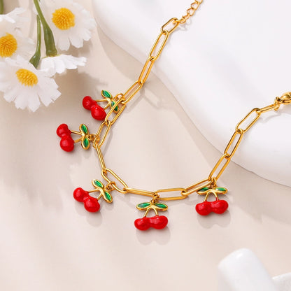 Red Cherry Charm Oval Chain Bracelet