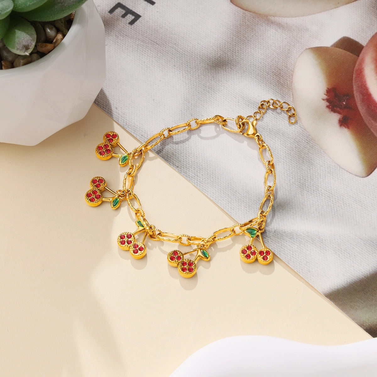 Red Zircon Cherry Charm Bracelet