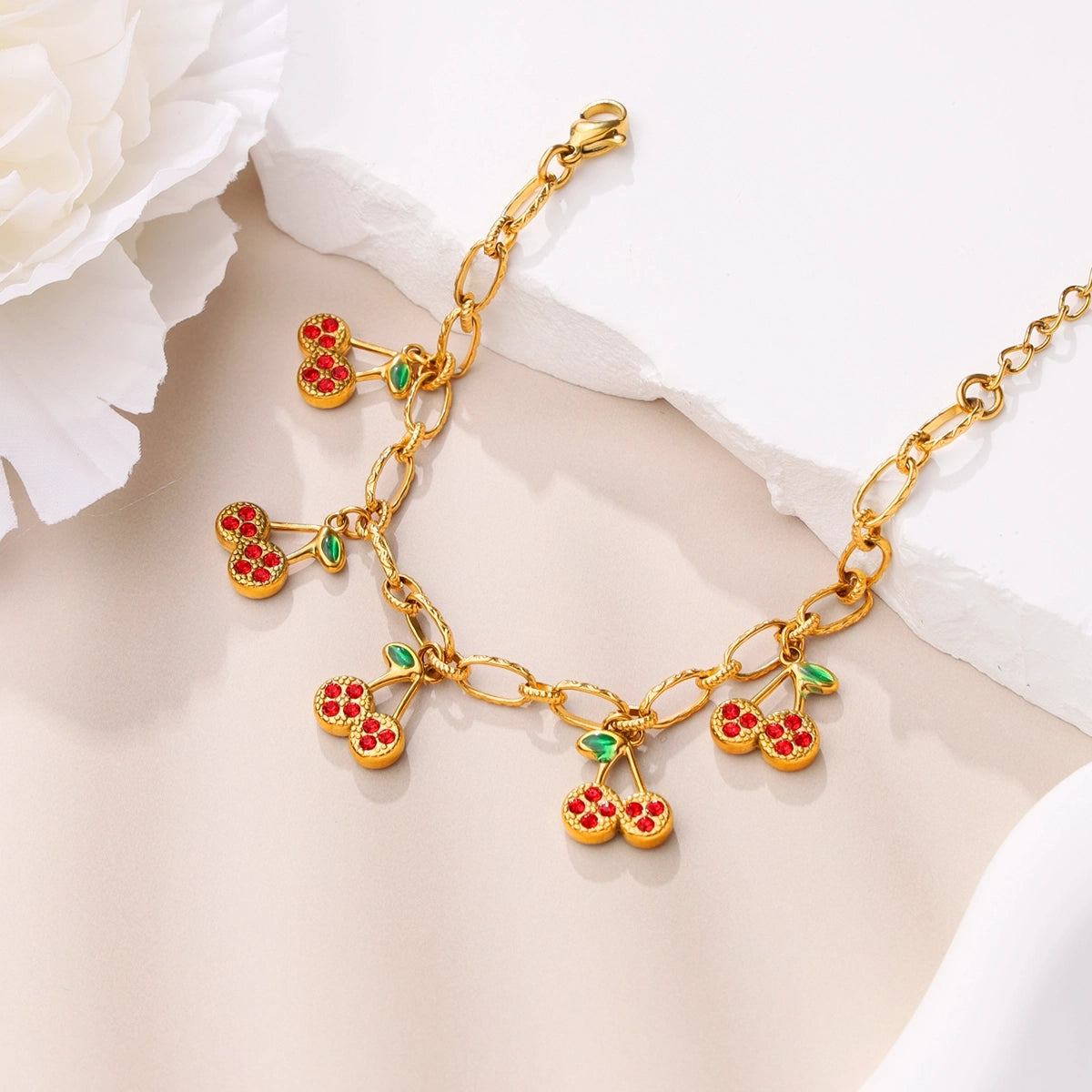 Red Zircon Cherry Charm Bracelet