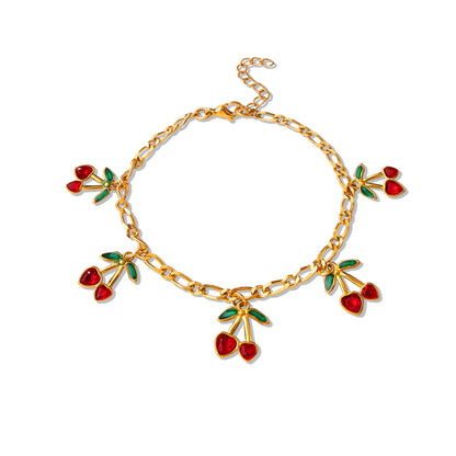 Red Zircon Cherry Charm Oval Chain Bracelet