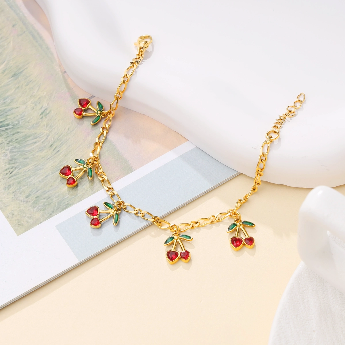 Red Zircon Cherry Charm Oval Chain Bracelet