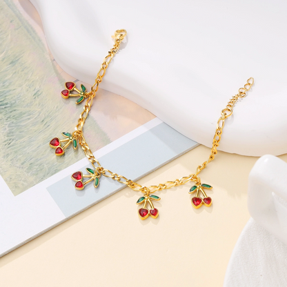 Red Zircon Cherry Charm Oval Chain Bracelet