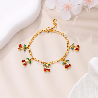 Red Zircon Cherry Charm Oval Chain Bracelet