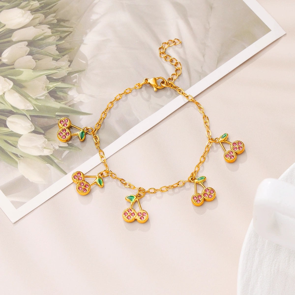 Pink Zircon Cherry Charm Bracelet