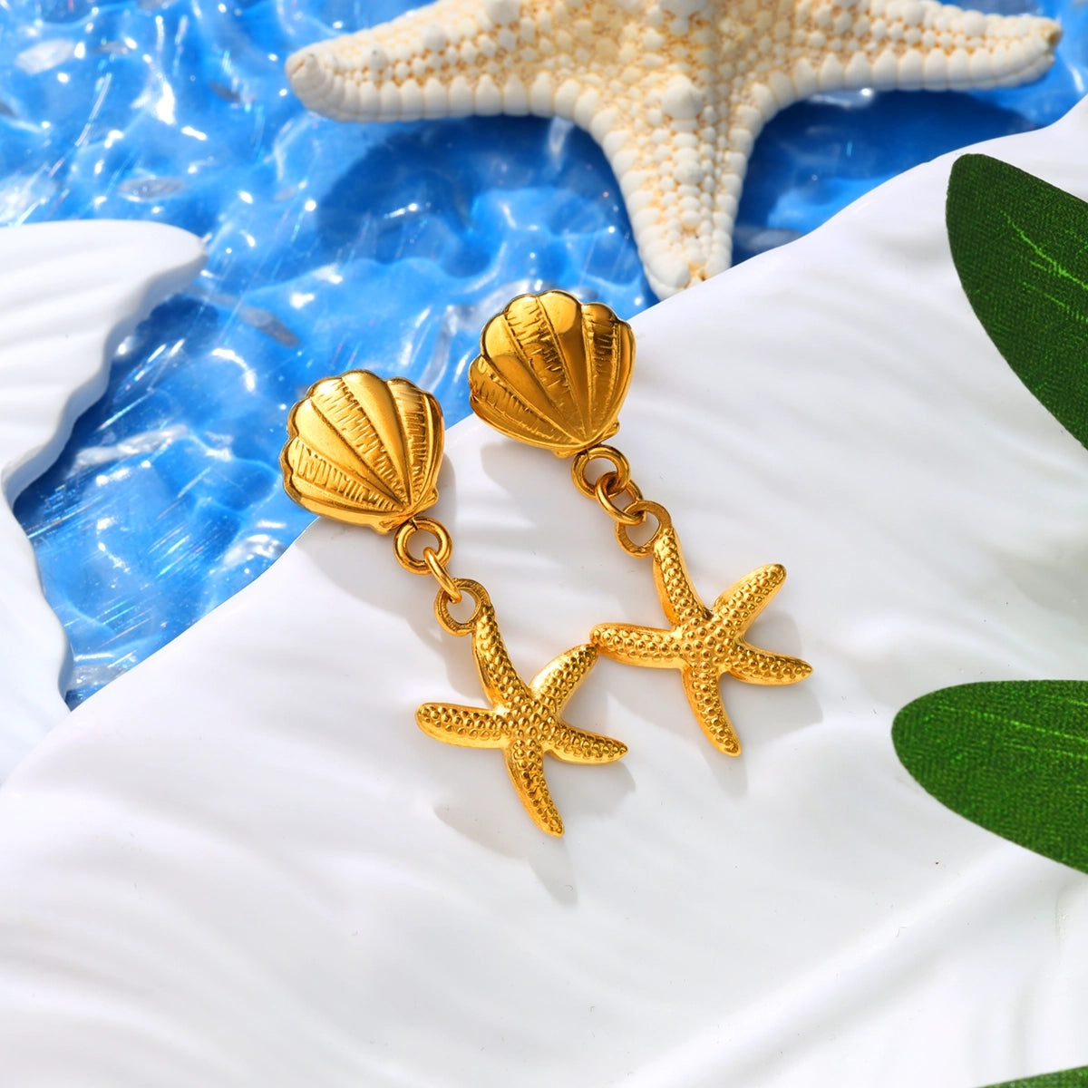 Shell and Starfish Pendant Stud Earring