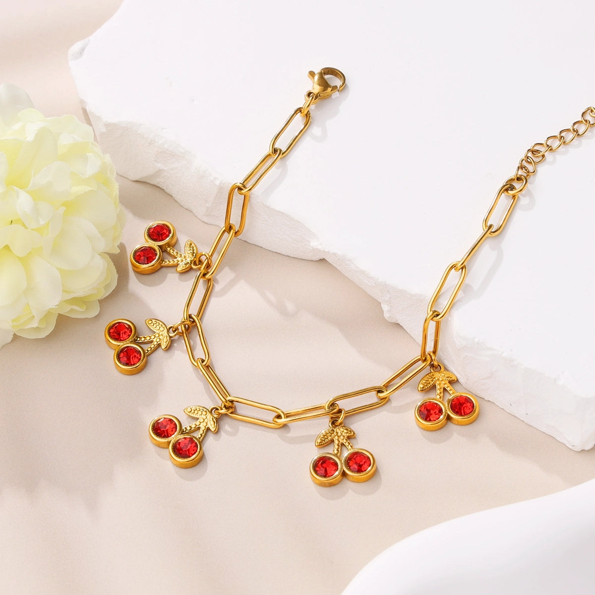 Red Zircon Cherry Charm Oval Chain Bracelet