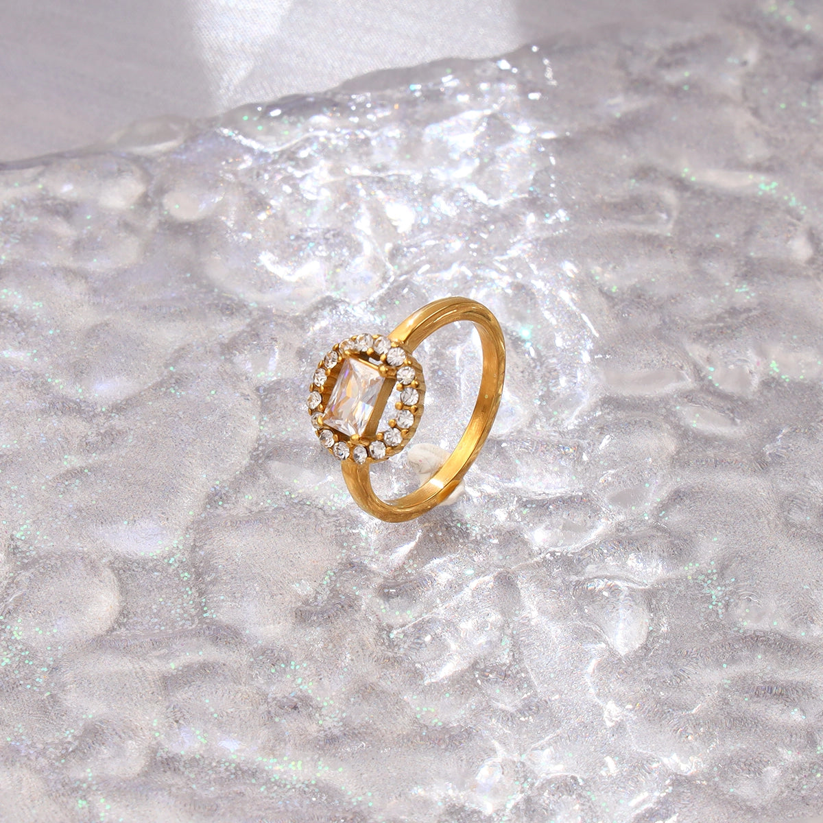 Rectangular White Zircon Halo Ring