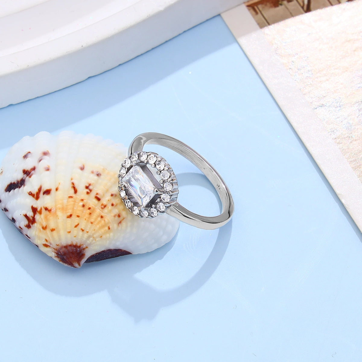 Rectangular White Zircon Halo Ring